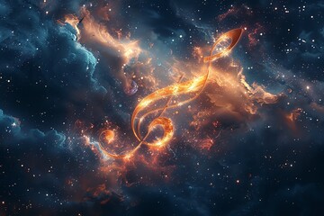 A stunning cosmic backdrop featuring a glowing treble clef shape, symbolizing the beauty of music and the universe.