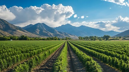 Fototapeta premium Picturesque hemp farm with rows of lush verdant plants stretching toward distant mountain peaks under a bright clear sky