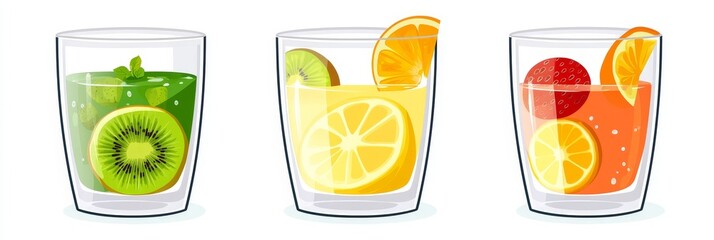 Fruits and vegetables sliced in a fresh juice glass