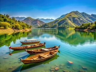 Obraz premium Serene Tarbela lake scenery features rustic wooden boats drifting on calm waters, surrounded by majestic mountain ranges and lush greenery under a clear blue sky.