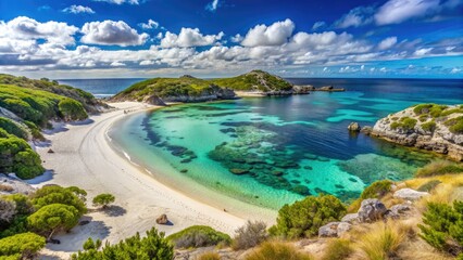 Obraz premium Serene tropical beach on Rottnest Island, Western Australia, featuring crystal-clear turquoise water, powdery white sand, and picturesque coral reefs surrounded by lush green hills.