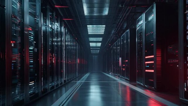 Exploring a high-tech data center with illuminated server racks