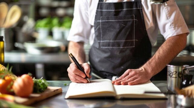 A chef writing notes in a recipe book, with personal branding elements