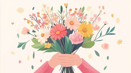 A person holds a vibrant bouquet of assorted flowers in a bright and whimsical style, showcasing a range of colors and floral varieties