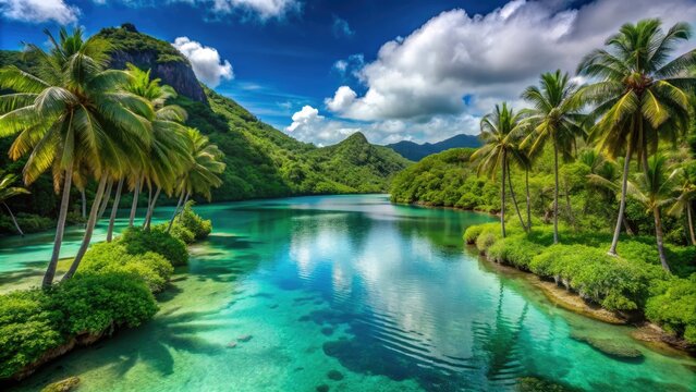 Serene turquoise lagoon surrounded by lush green tropical hills and towering palm trees in the remote Northern Mariana Islands, Pacific Ocean.