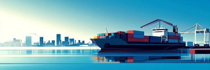 Fototapeta premium In a container ship yard, a cargo container ship approaches the bridge and is loaded by a crane. At the international shipping depot and customs port, a container ship is being loaded by a crane.