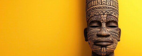 Tribal ancestor sculpture with ritualistic tattoos and decorations, representing cultural heritage, 3D illustration