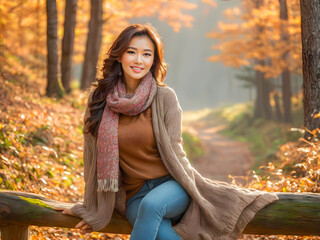 Beautiful casual Asian girl in knitted sweater. Portrait a beautiful asian woman enjoying outdoor park nature among autumn season, colorful leaves. Charming cheerful fashion background. AI generated