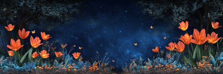 A mystical meadow of luminescent glass tulips under the stars in an enchanted forest of light