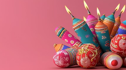 Fototapeta premium Colorful candles and decorative items arranged beautifully against a pink backdrop, perfect for festive celebrations.