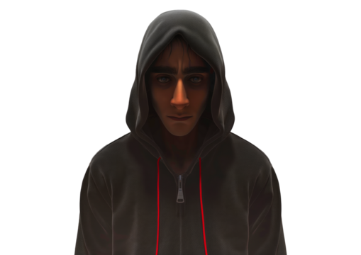 Man wearing dark color hoodie. Transparent background.