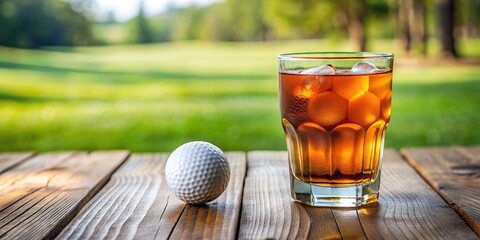 Refreshing iced tea with golf ball decor on wooden table at a tilted angle, wooden table, drink, beverage, golf ball, golf, tilted angle, glass, refreshment, cold, sports, outdoor