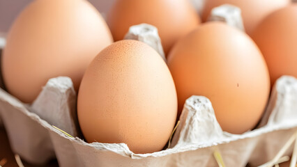 Close Up of Fresh Brown Eggs in a Carton.