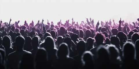 Obraz premium A large crowd of people at a music concert, with hands raised and vibrant lighting, creating an energetic and lively atmosphere.