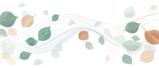 Obraz premium A flat vector illustration of leaves being blown by the wind, minimalist design, clean curved lines, varying sizes of soft green and brown leaves, thin curved lines representing wind motion.