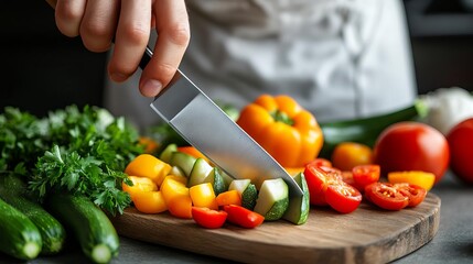 Chef s knife slicing fresh farm-to-table vegetables on a rustic board, organic cooking, natural culinary preparation
