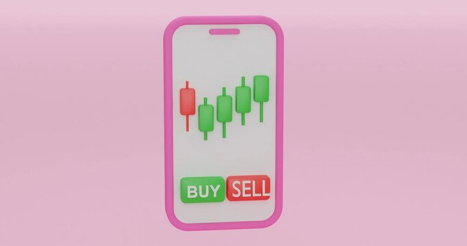 Pink 3d smartphone mock up. 3d candlestick chart of stock sale and buy. Market investment, online trade on mobile phone 3d Render