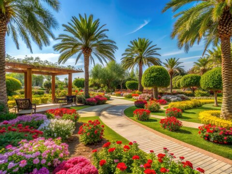 Serenity abounds in this Wisdom Garden at Umm Al Emarat Park, UAE, where lush greenery and vibrant flowers bloom amidst tranquil desert landscapes under sunny skies.