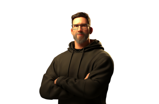 Man wearing dark color hoodie. Transparent background.