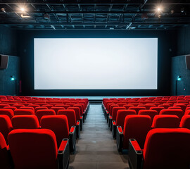 Empty movie theater with red seats and a large blank screen. The image captures the anticipation before a film screening in a modern cinema.