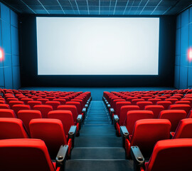 Fototapeta premium Empty movie theater with red seats and a large blank screen, viewed from the center aisle. The scene captures the anticipation before a film begins.