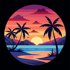 Summer Vector graphic for t-shirt design with beach, sunset, and palm tree