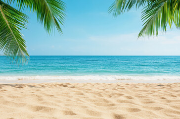 Tropical beach with golden sand, calm turquoise ocean, and clear blue sky, framed by green palm leaves. A tranquil and peaceful atmosphere.
