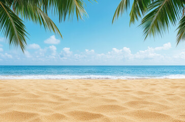 Obraz premium Golden sandy beach with calm waves and a clear blue sky, framed by green palm leaves. The scene is peaceful and inviting.