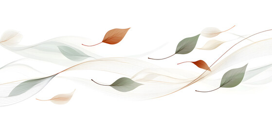 A flat vector illustration of leaves being blown by the wind, minimalist design, clean curved lines, varying sizes of soft green and brown leaves, thin curved lines representing wind motion.