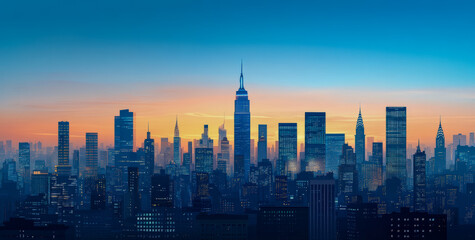 Fototapeta premium Illustrated city skyline at sunrise with skyscrapers casting shadows against a gradient sky, capturing the serene mood of an early morning.