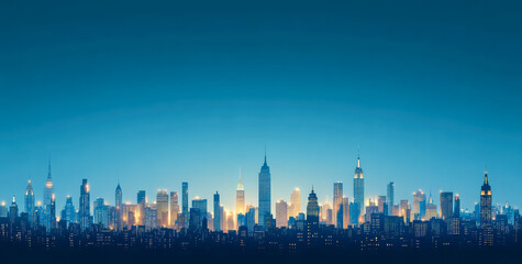 Illustrated city skyline at night with illuminated skyscrapers against a deep blue sky, showcasing the vibrant atmosphere of an urban night.
