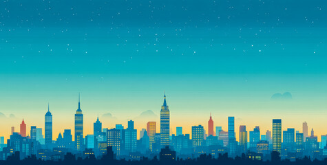Obraz premium Illustrated city skyline at dawn with skyscrapers casting long shadows under a sky transitioning from deep blue to pale yellow.