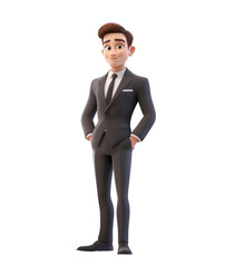 smiling businessman with open hands gesture. Cartoon happy businessman with welcoming hand gesture transparent background.