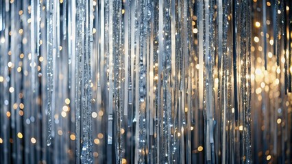 Obraz premium Shimmering silver streamers cascade down a backdrop, catching light and adding luxurious flair to a celebration, party, or special event's decor.