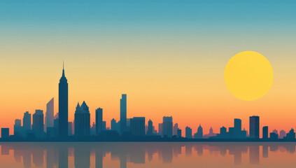 Fototapeta premium City skyline silhouette with skyscrapers reflecting on water at sunrise, featuring a bright yellow sun in a gradient sky.