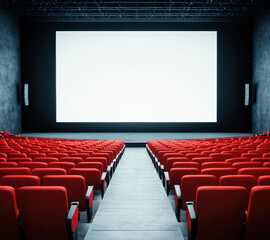 Fototapeta premium Empty movie theater with red seats facing a large blank white screen in a dark room, evoking anticipation.