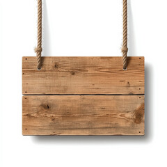 Rustic wooden signboard made of two planks, hanging from ropes, with a weathered texture and natural wood grain.