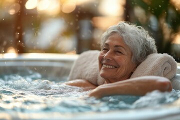 Smiling senior lady enjoying her retirement in a jacuzzi at the spa