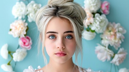 Naklejka premium Portrait of a young woman with blonde hair and blue eyes, surrounded by white and pink flowers against a pastel blue backdrop.