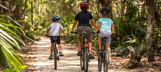 Naklejka premium A family cycling through a forest path, surrounded by lush vegetation and wildlife, promoting sustainable transportation 
