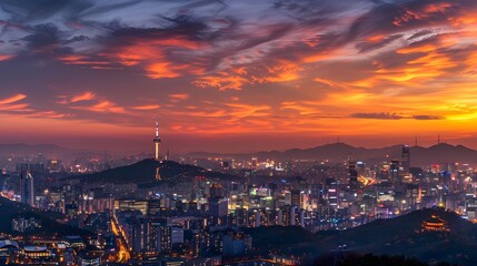 Naklejka premium Sunset of Seoul City and Seoul Tower South Korea.