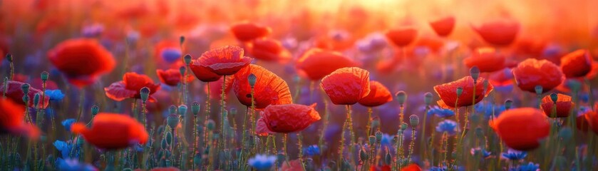 A beautiful and vibrant field of red poppies and blue wildflowers basking in the warm glow of an orange sunset. © KumCup