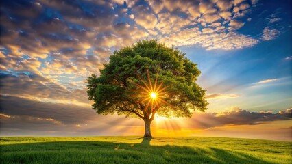 A tree illuminated by sunlight with a bright sky in the background, serene, background, vibrant, environment, beautiful, bright, outdoors, plant, sunny, light, growth, illuminated, leaves