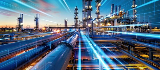 A digital illustration of an oil production plant with blue and white data visualization lines overlaying the scene, symbolizing technology integration in industrial operator training Generative AI