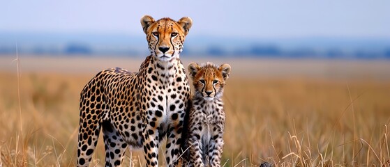 Cheetah and cub standing in tall grass in African Savannah, showcasing wildlife and nature photography in natural habitat.
