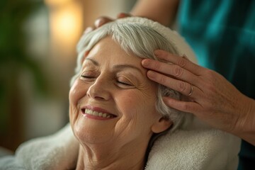 Retired senior woman enjoying a relaxing head massage at a spa