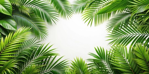 Fototapeta premium Palm tree leaves overlay texture border surrounded by fresh green tropical plants, palm tree, leaves, overlay, texture