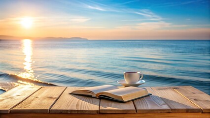 Fototapeta premium Tranquil morning by the sea with a coffee and book on a table, perfect for peaceful solitude and relaxation, serenity, calm, reading, tranquil, book, ocean, relaxation, coast, morning