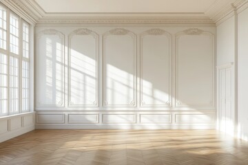 Fototapeta premium Featuring a parquet floor and classic walls, this room is empty.