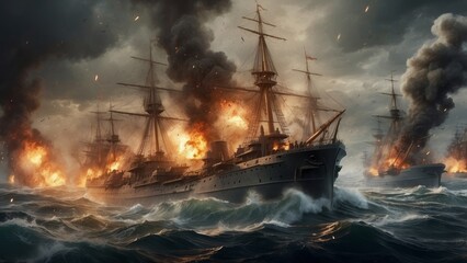 Obraz premium A Burning Ship in a Naval Battle